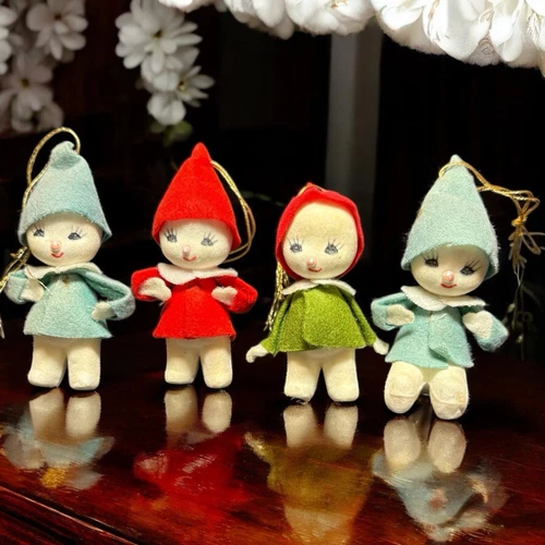 4 VTG. Snow Babies Flocked Felt Christmas Tree Ornament Pixie Elf MCM Japan READ