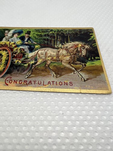 Saluti~Auguri~Carrozza a cavallo per coppia ben vestita~Cartolina vintage - Foto 4 di 4