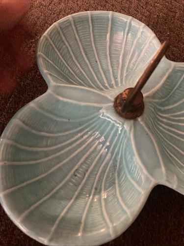 Vintage California Pottery Divided Dish Light Blue w/ Speckles And Metal Handle - Picture 3 of 13