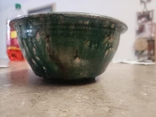 Signed EB  Pottery Lip Bowl Large Green Dripping Glaze Finish 