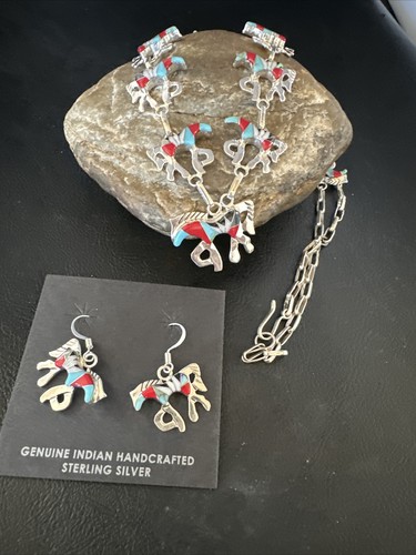 Turquoise Coral MOP Horse Inlay Navajo Sterling Silver Necklace Earrings 15351 - Picture 6 of 12
