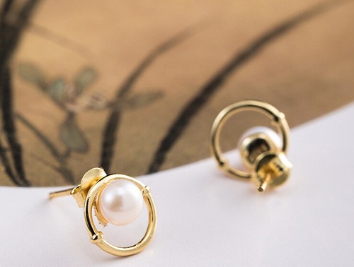 I04 Ohrring Kreis mit weißer Süßwasserperle Silber 925 vergoldet Ohrstecker - Bild 5 von 6