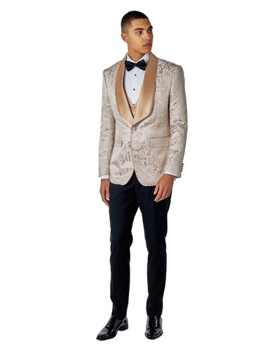 Mens 3 Piece Wedding Suit Gold Damask Jacquard Tuxedo Jacket Waistcoat Trouser - Picture 41 of 48