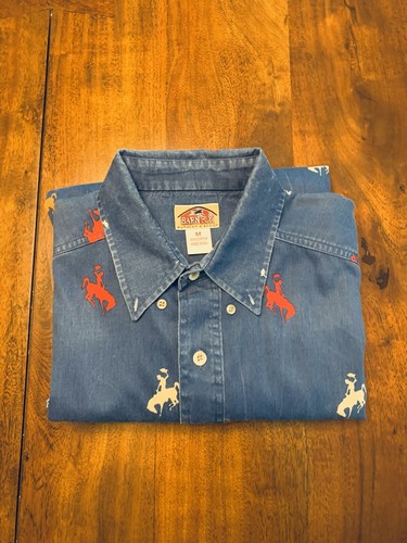 Vintage Barn Fly Rodeo Print Shirt Mens M/L Denim Blue Classic Western USA Faded - Picture 10 of 13