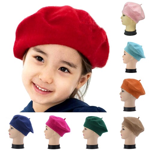 Baby Kids Girls Beret Winter Hat Beanie Plain Beret Warm Wool Solid Color Retro