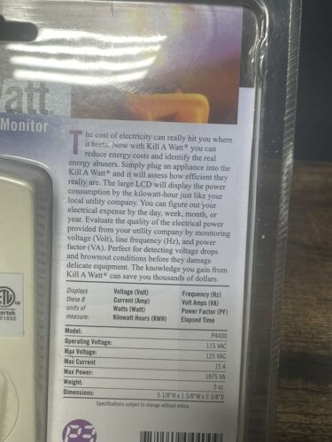 P3 International Kill-A-Watt Electricity Usage Monitor #P4400, NEW Sealed - Picture 3 of 6