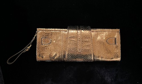 Jimmy Choo Tulita Clutch Bronze Brown Wristlet Gold Buckle Hardware Zip Closure - Picture 2 of 17