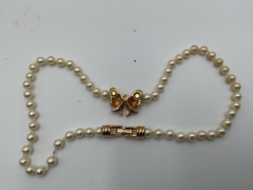 Swarovski Necklace Dangle Pearl Bow Gold Plated 17" N529 - Picture 4 of 5