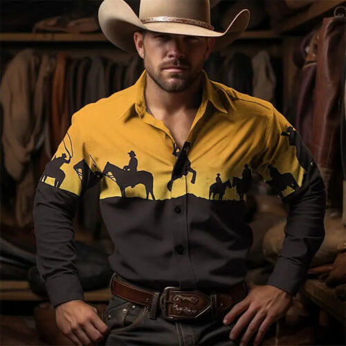 Camicia Uomo Floreale Leopardo Manica Lunga Western Denim, Outdoor Casual Party Shirt - Foto 2 di 35