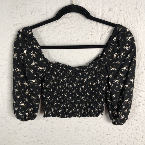 Black Floral Crop Top Womens Medium Smocked Y2K Retro Beach Festival - Picture 3 of 17