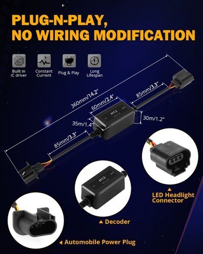 2x Faro LED H13 Canbus Libre de Errores Antiparpadeo Cancelador Cancelador Decodificador - Imagen 3 de 12