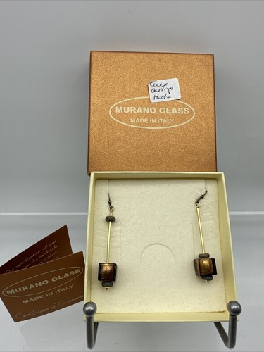 Authentic Murano Glass Earrings With Certificate- Cube- Mocha- M2 - Picture 1 of 7