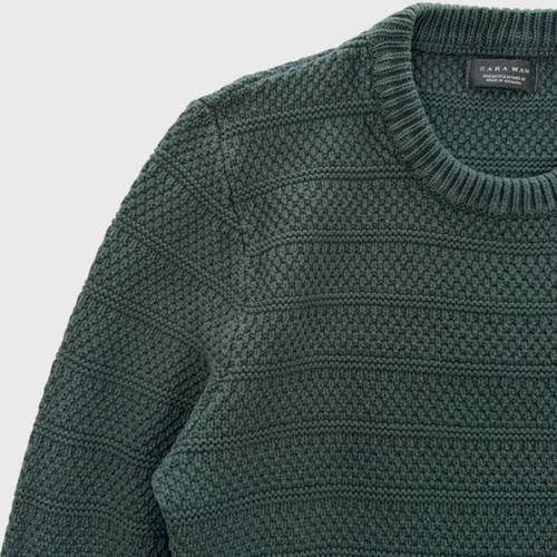 Zara Men’s Knit Sweater M Green Textured Crew Neck Pullover Soft - Picture 4 of 9