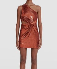 $375 Halston Womens Orange Sequin Mini One-Shoulder CutoutnCocktail Dress Size 8