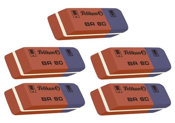 5X Pelikan Kleiner Radierer Kombi Radiergummi BR80 Rot/Blau Bleistifte & Tinte-image