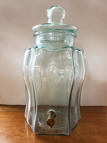 Vintage Green Glass Beverage Dispenser with Brass Spigot SVE, Made in Italy