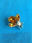 Vintage Large Amber Goldtone Rhinestone Pearl Figural Bee Pin Brooch