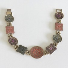 Vintage Floral Multicolor Enamel Panel Link Gold Tone Chain Ladies Bracelet 7.5"