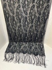 Black Flower Textured See-Thru Lace Scarf Fringe Sheer Shawl Pattern Butterfly