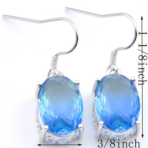 Classical Oval Cut Blue Bi Colored Tourmaline Gems Silver Dangle Hook Earrings - Picture 6 of 6