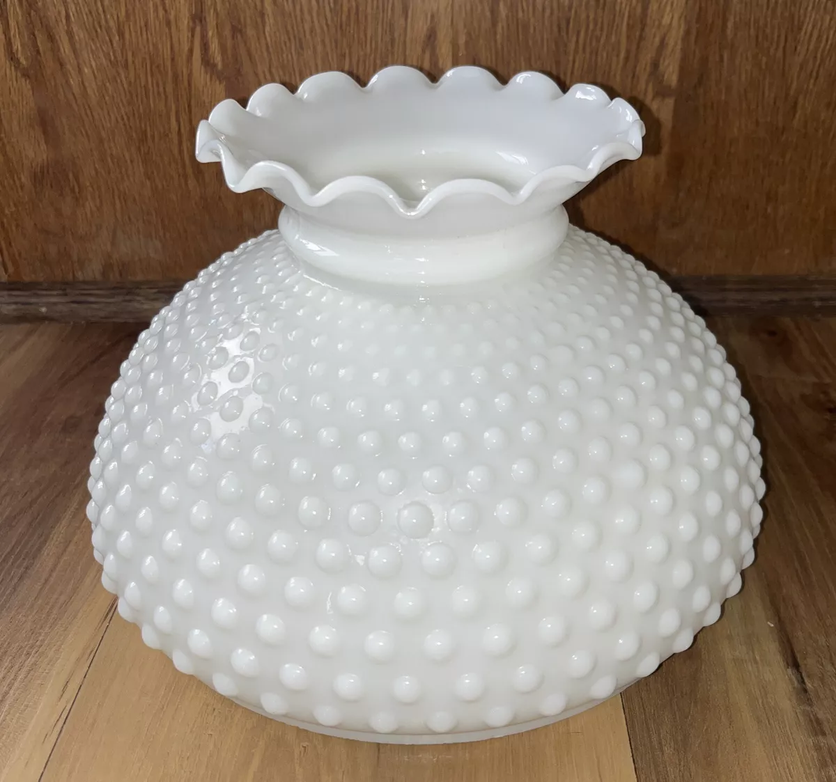 Vtg Hobnail White Milk Glass Ruffle Top Hurricane Lamp Shade W