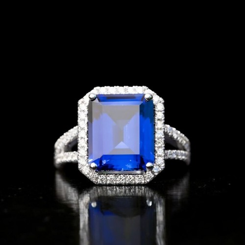 Anillo de platino 950 diamantes naturales 8,75 quilates cultivado en laboratorio zafiro azul esmeralda - Imagen 2 de 12