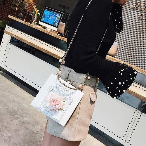 Damen Abend Rose geprägt Handtasche Clutch Crossbody Perle Gold Kette Schultertasche - Bild 3 von 3