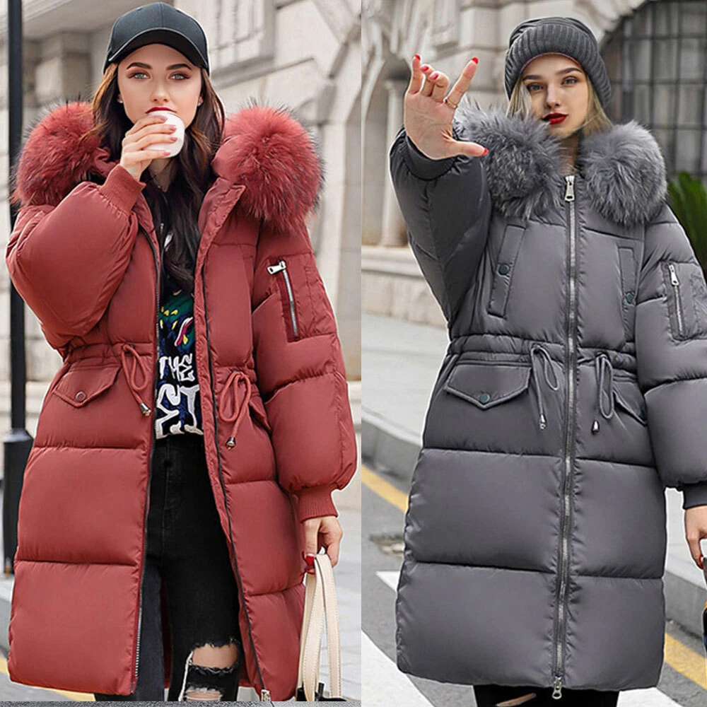 Women Padded Puffer Fur Long Quilted Parka Winter Warm Ladies Coat