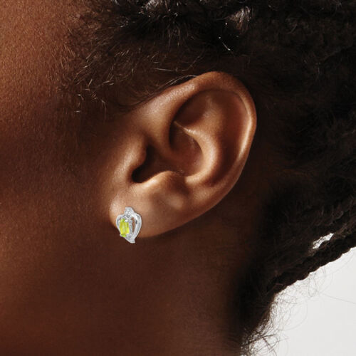 14K Solid White Gold Peridot Diamond Heart Stud Earrings - Picture 2 of 4