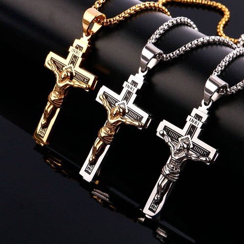 Herren Titan Gold Kreuz katholisches Kruzifix Anhänger Halskette drei Farben 24 Zoll Kette - Bild 2 von 24