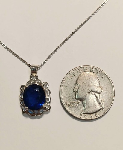 Vintage Sterling Silver And Lab Sapphire Pendant Necklace 18" Long - Picture 3 of 4