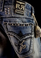  220 Mens Rock Revival Jeans "Rasmus" Leather Inserts Slim Straight 40 X 33