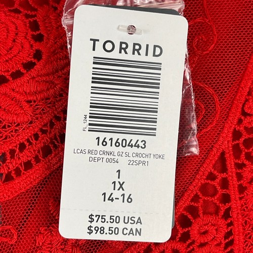 Torrid Dress Size 1X Red Crinkle Swing Crochet Lace Yoke Sleeveless Flirty NEW - Picture 10 of 13