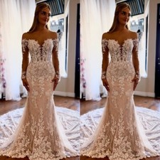 Mermaid Wedding Dresses Long Lace Sleeves Off Shoulder Sweep Train Bridal Gowns