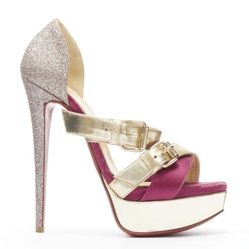 CHRISTIAN LOUBOUTIN Ambertina 140 oro rosa brillo hebilla plataforma con tiras EU36