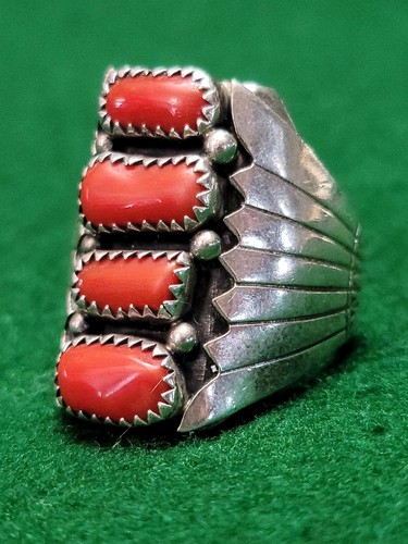 VINTAGE SIGNED STERLING SILVER 925 CORAL CLUSTER RING SIZE - Picture 3 of 24