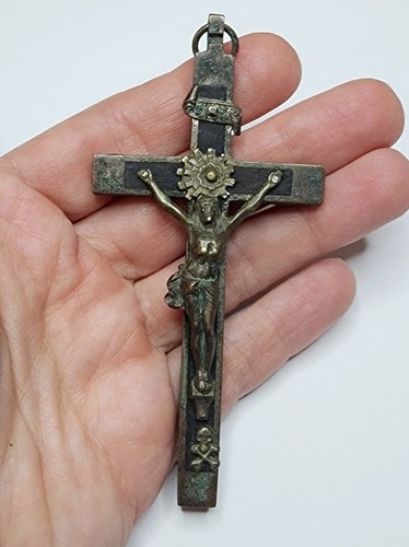 Vintage Pectoral Skull Ebony Crucifix Cross Crossbones Catholic Large 4"