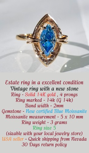 Vintage ring, 1ct 14k solid gold,Estate Ring with new Aqua blue color moissanite - Picture 10 of 20