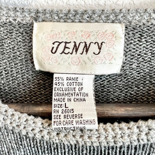 Vintage Jenny Sweater L Gray Floral Embroidered Ramie Cotton Cozy Cottagecore - Picture 3 of 9