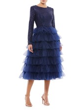 Mac Duggal Blue Sequin Tiered Long Sleeve Tulle Cocktail Dress Size 2 $498
