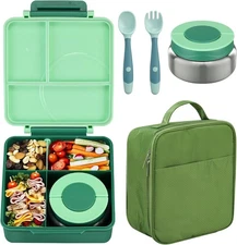 Bento Lunch Box Set for Kids with 8oz Soup Thermo, Leak-Proof Green 