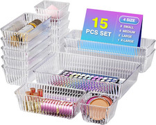 15 PCS Clear Plastic Drawer Organizer Set - 4 Sizes Makeup Organizer Desk Drawer