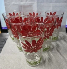 (6) Vintage Boscul Peanut Butter Glass W/Red & White Flowers. Green Leaves