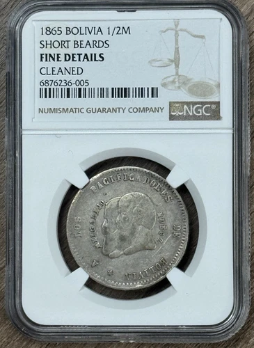 1865 BOLIVIA ANTIQUE SILVER 1/2 MELGAREJO SHORT BEARDS FINE DETAILS NGC