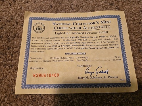 Corvette Light Up GM 100th Anniversary Coin, COA, Ntl Collector's Mint .7 Ounces - Picture 3 of 8