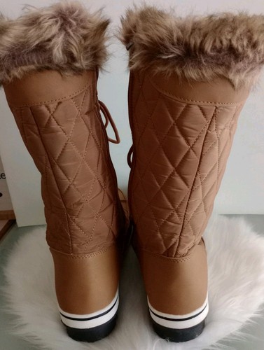 Mishansha Women's High Quilted Canvas Waterproof Faux Fur Lined Snow Boots Brown - Picture 5 of 10