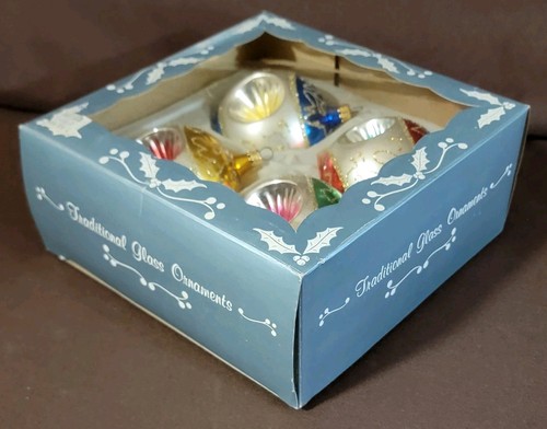 4 Vintage Colorful Triple Indent Glass Ornaments Red, Green Blue Silver GC 454 - Picture 13 of 16