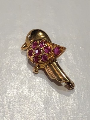 14K Solid Gold Ruby And Diamond Eye Bird Brooch Pin