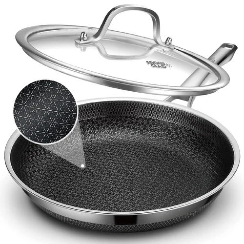 Frying Pan with Lid, 12 Inch Hybrid Non Stick Stainless Steel Skillets, Dishw...