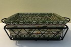 Temptations Old World Green Square Serving Baking Dish Trivet & Stand 8.5”